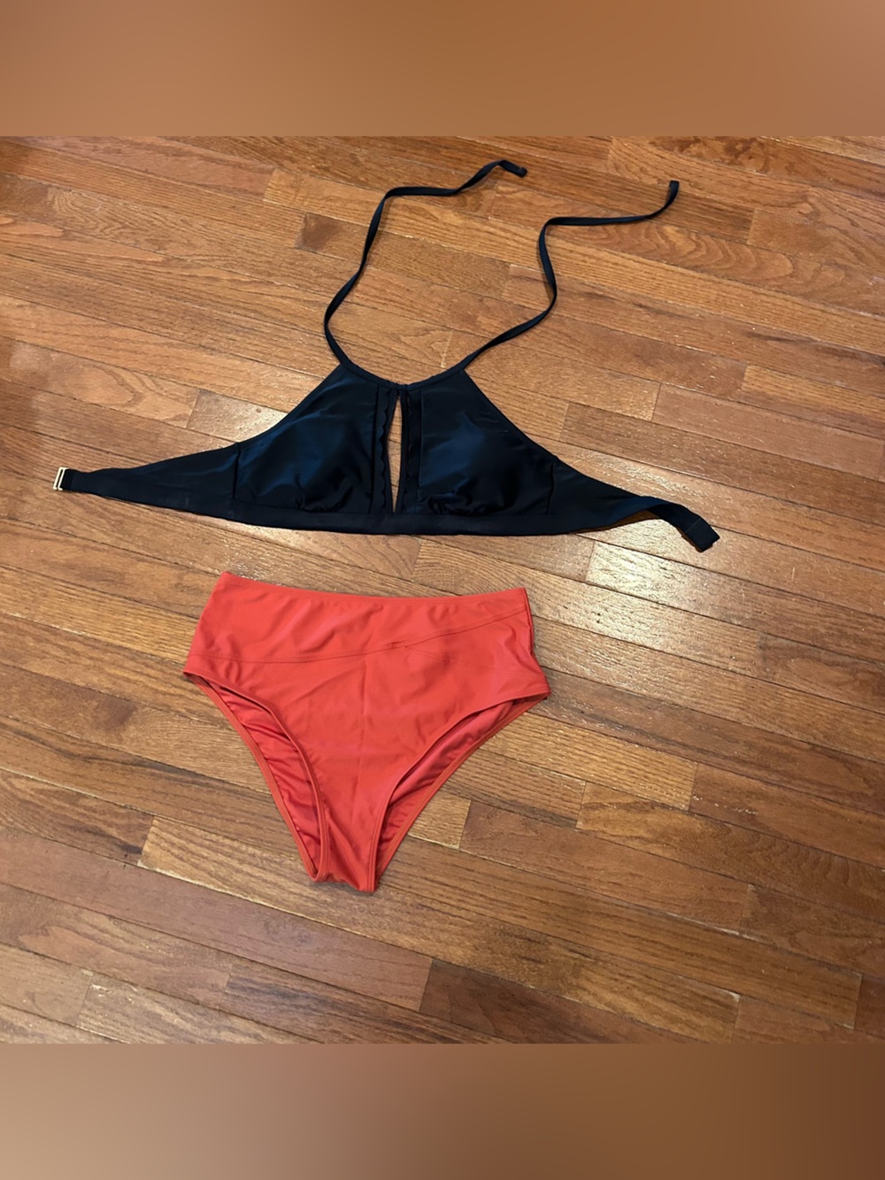 black and burnt orange high-waisted halter bikini set. Great quality